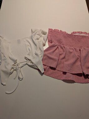 Shein Womens S Crop Top Bundle Pink Strapless Ruffle White Tie Front Puff Sleeve